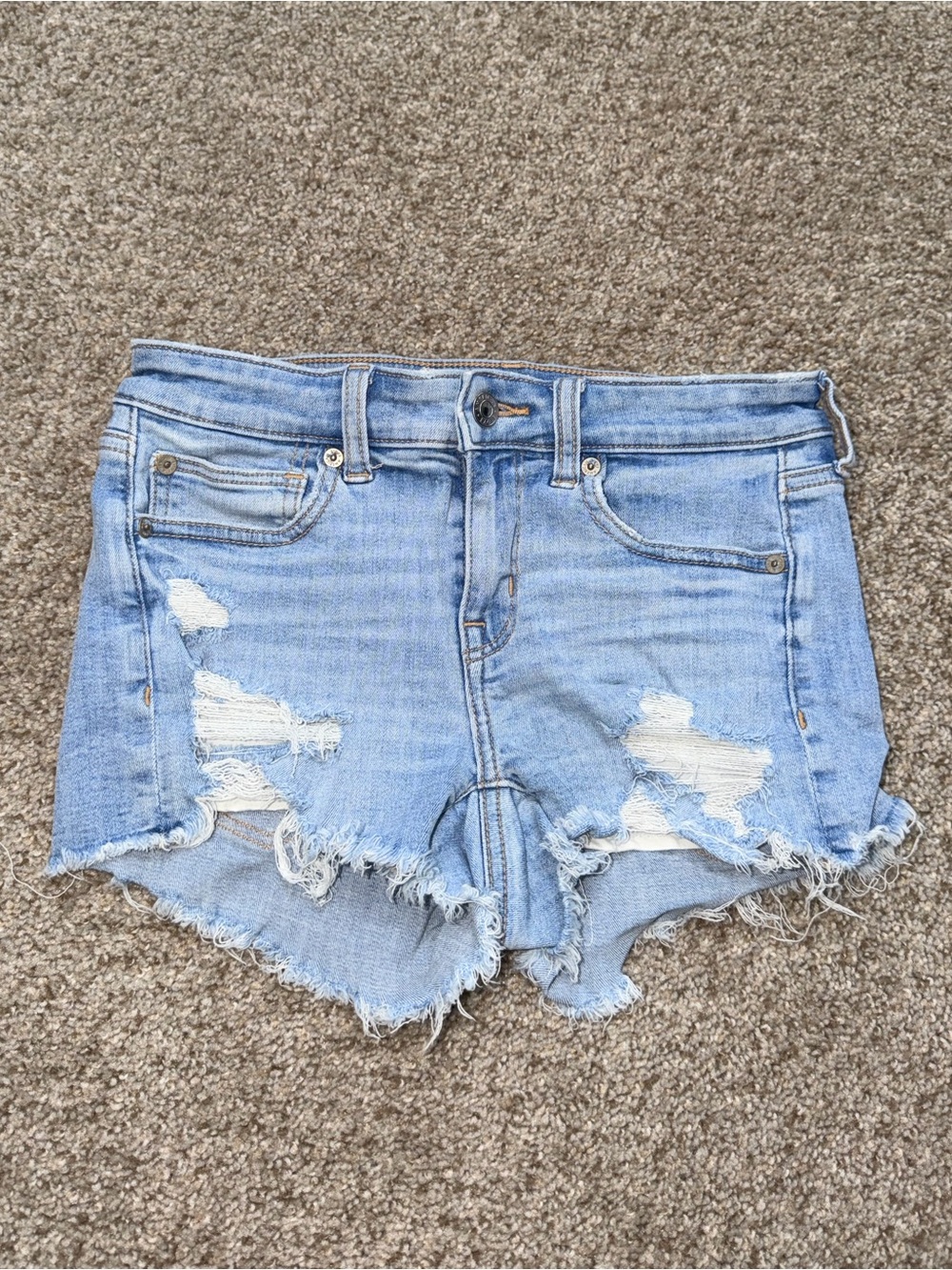 American Eagle Light Wash Distressed Cut Off Denim Shortie Jean Shorts 2